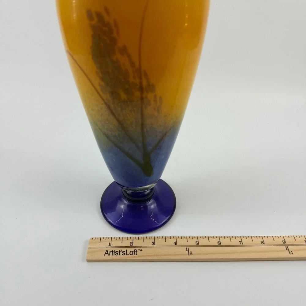 Art Glass Vase Amber Blue Cattail Reed Motif Pedestal Vase